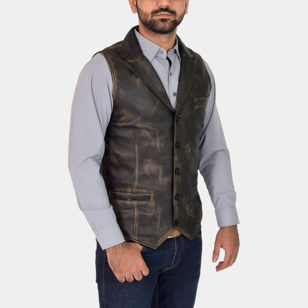 Hell on Wheel  Anson Mount Rub Off Vintage Western Brown Leather Vest - Side Posture View