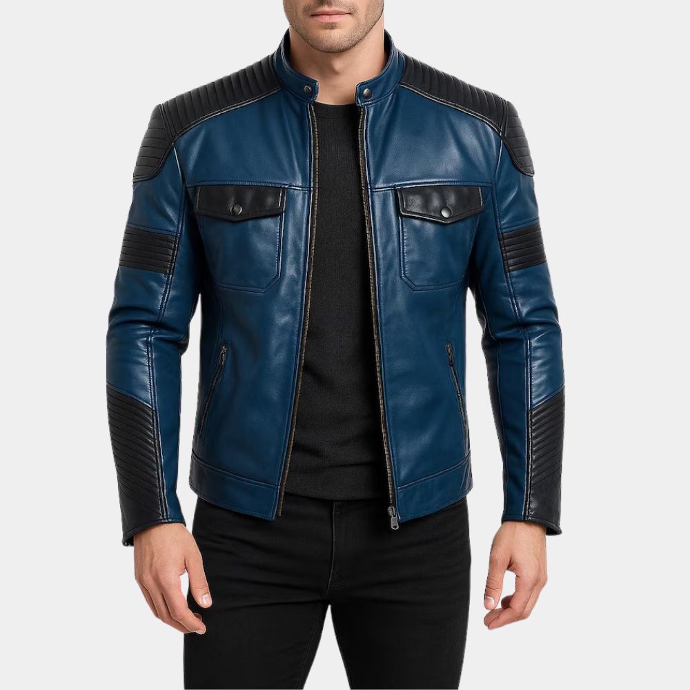 Henry Danger  Jace Norman Blue and Black Leather Jacket - Front View