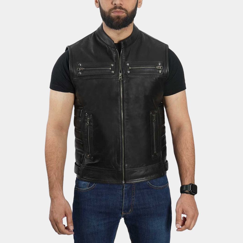 Hidden Strike Chris Van Horne Biker Club Leather Vest - Front Posture View