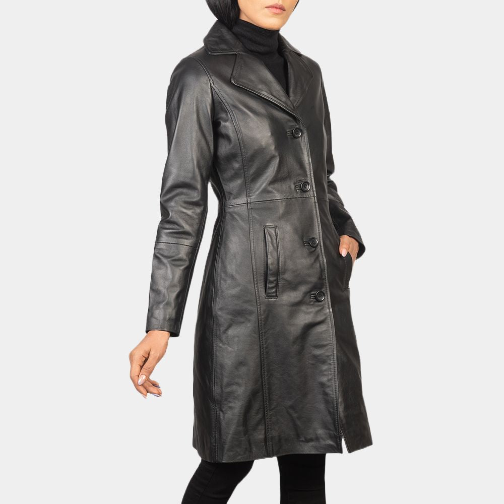 High Fidelity Zoë Kravitz Black Leather Trench Coat - Side Posture View