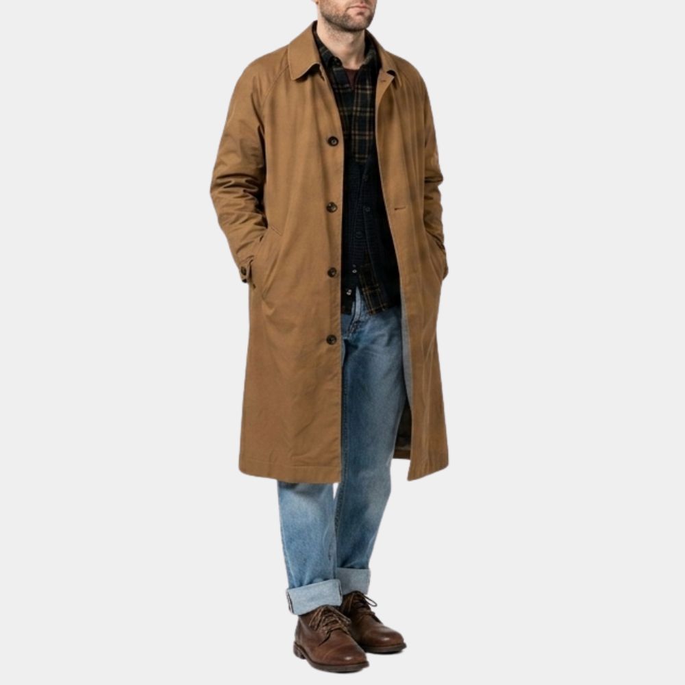 Hokum Adam Scott Brown Coat | Ohm Bauman Brown 3/4 Length Cotton Car Coat - Front View