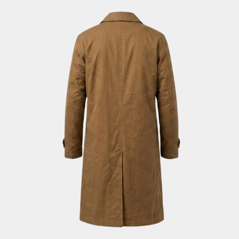 Hokum Adam Scott Brown Coat | Ohm Bauman Brown 3/4 Length Cotton Car Coat - Mannequin Back View