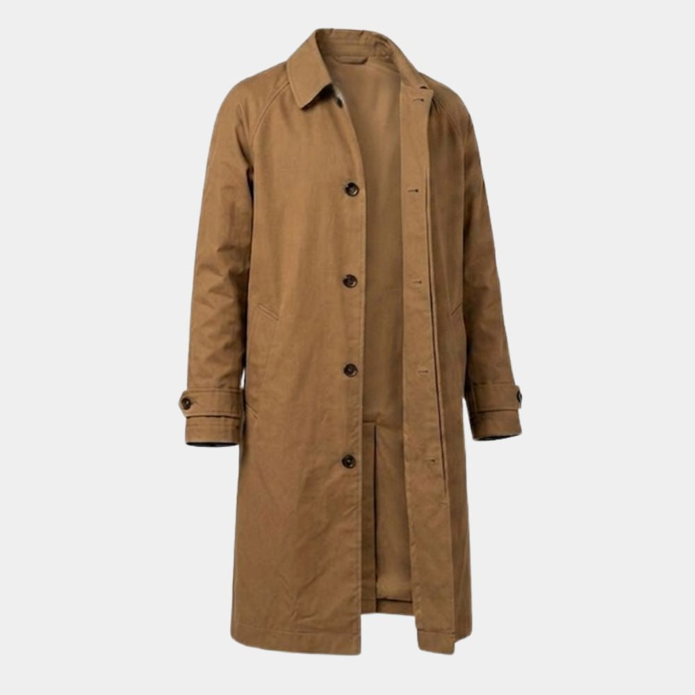 Hokum Adam Scott Brown Coat | Ohm Bauman Brown 3/4 Length Cotton Car Coat - Mannequin View