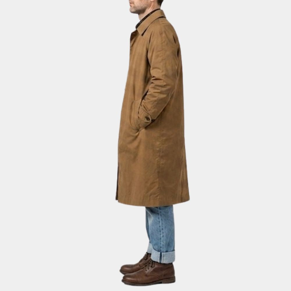 Hokum Adam Scott Brown Coat | Ohm Bauman Brown 3/4 Length Cotton Car Coat - Side View