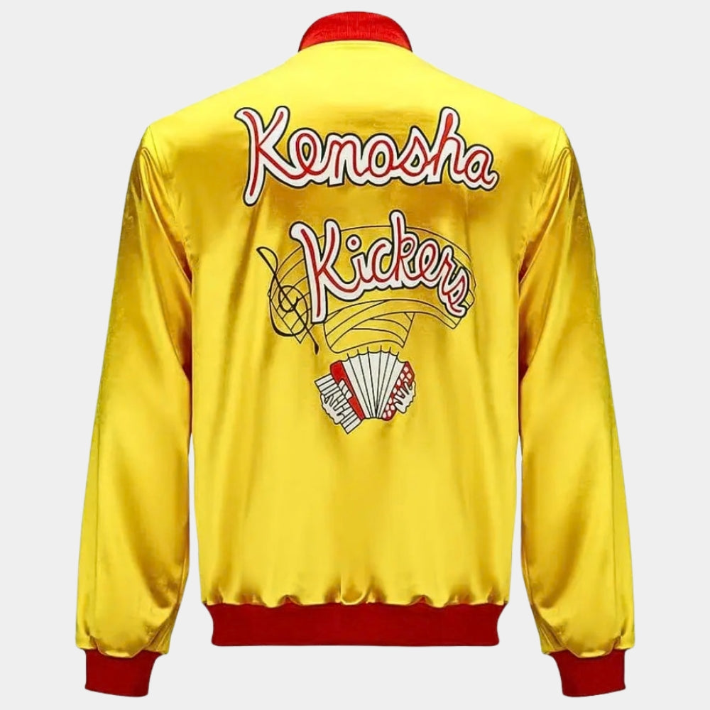 Home Alone  Gus Polinski Yellow Satin Varsity Jacket - Mannequin Back View