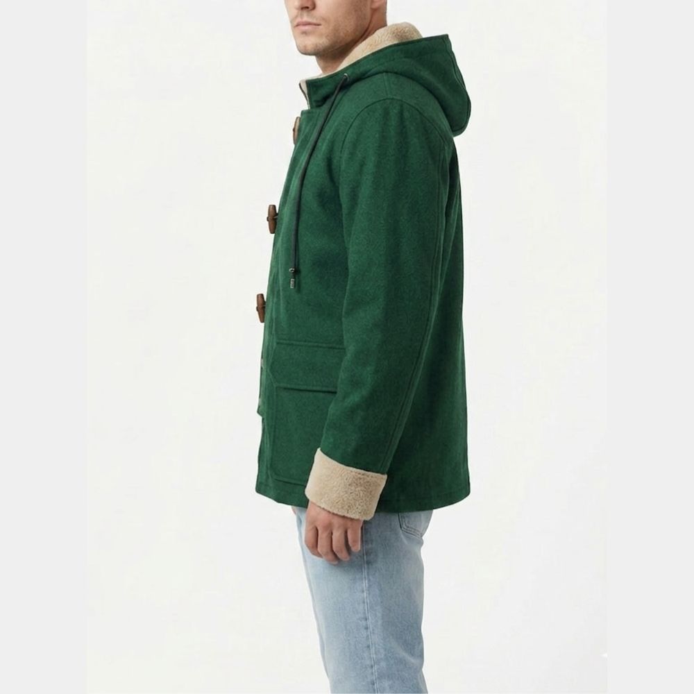 Home Alone Kevin Green Coat Macaulay Culkin (Kevin McCallister) Green Hooded Toggle Jacket - Side View