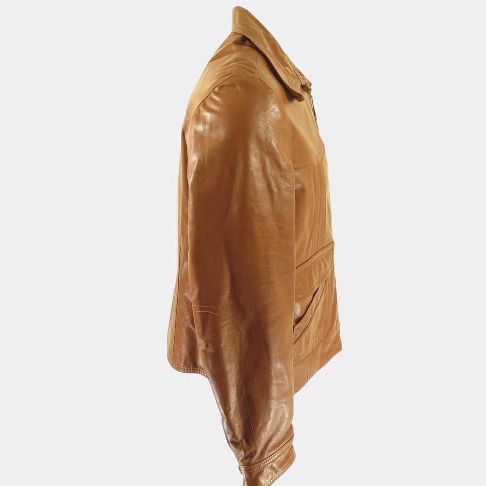 Hunters Season 02 Logan Lerman Light Tan Vintage Leather Jacket - Mannequin Side Posture View