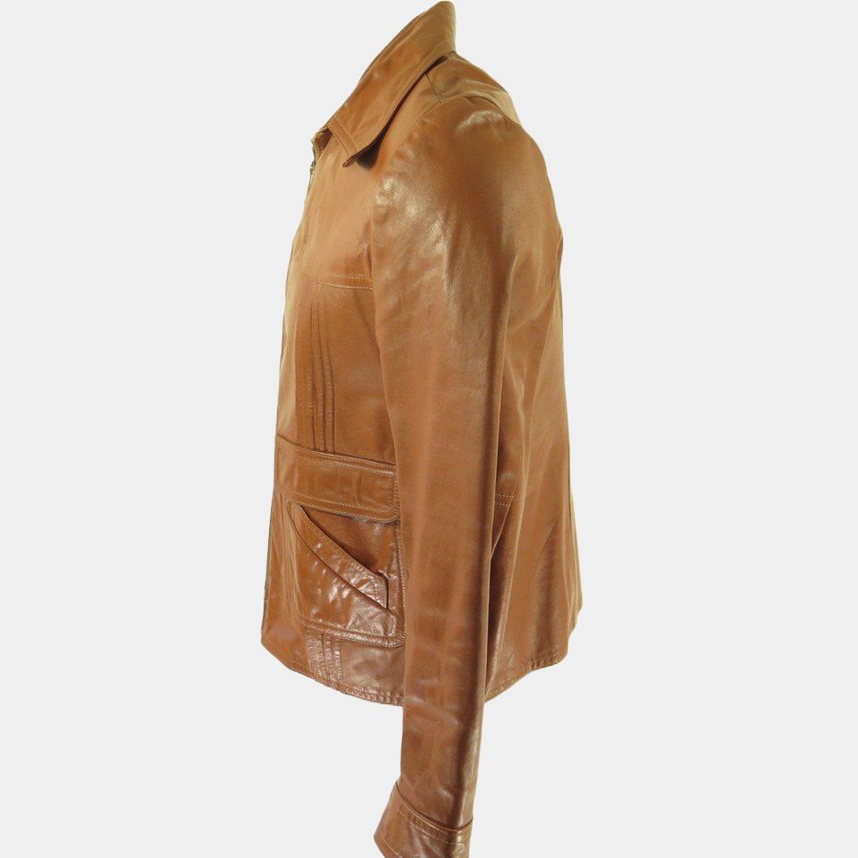 Hunters Season 02 Logan Lerman Light Tan Vintage Leather Jacket - Mannequin Side View