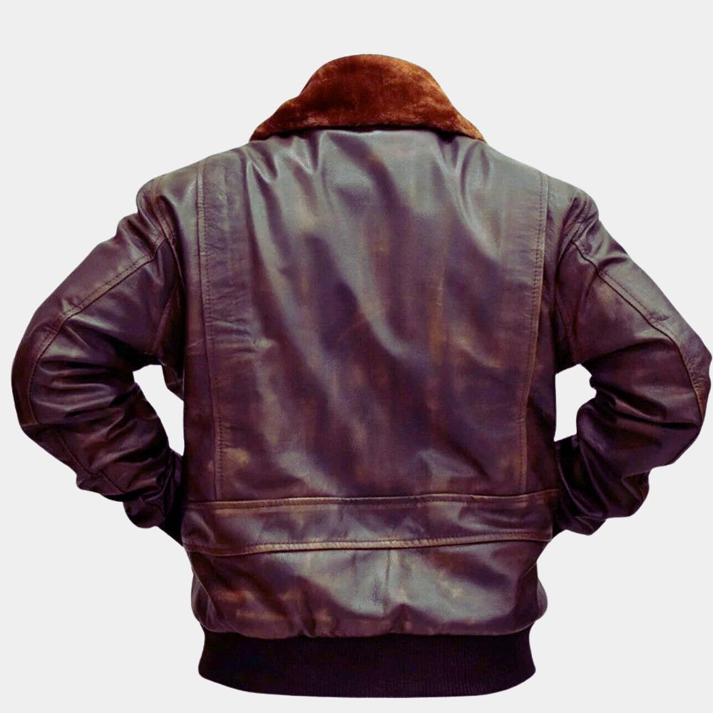Hurry Up Tomorrow Anima (Jenna Ortega) Waxed Tan A-2 Leather Bomber Style Jacket - Mannequin Back View