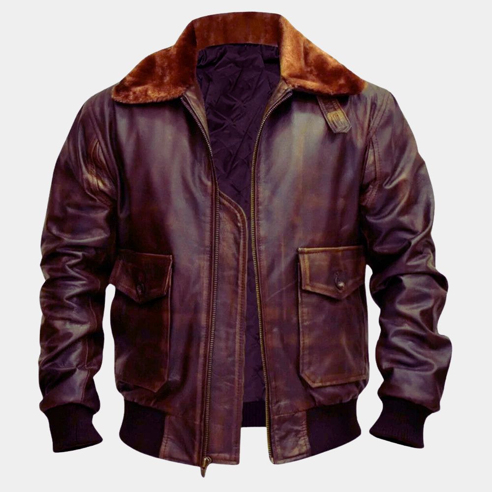 Hurry Up Tomorrow Anima (Jenna Ortega) Waxed Tan A-2 Leather Bomber Style Jacket - Mannequin Front View