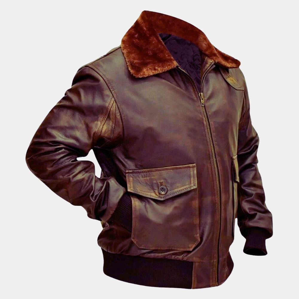 Hurry Up Tomorrow Anima (Jenna Ortega) Waxed Tan A-2 Leather Bomber Style Jacket - Mannequin Side View
