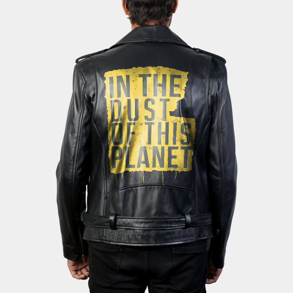 In the Dust of This Planet Jay Z Printed Leather Moto Biker Jacket - Back View