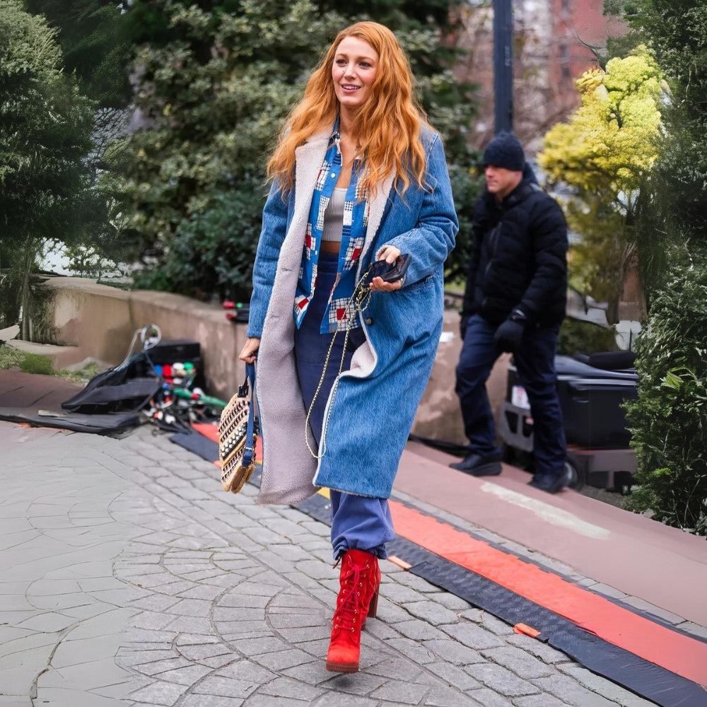 It Ends With Us Women’s Blake Reversible Denim Coat with Shearling Lining - Character Front Posture View