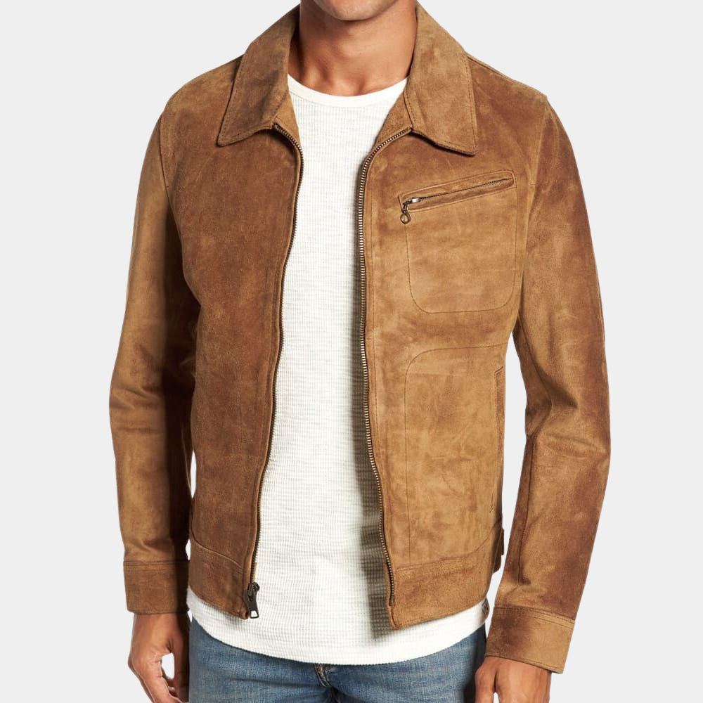 It Ends with Us Atlas Corrigan Brown Suede Leather Jacket - Front View