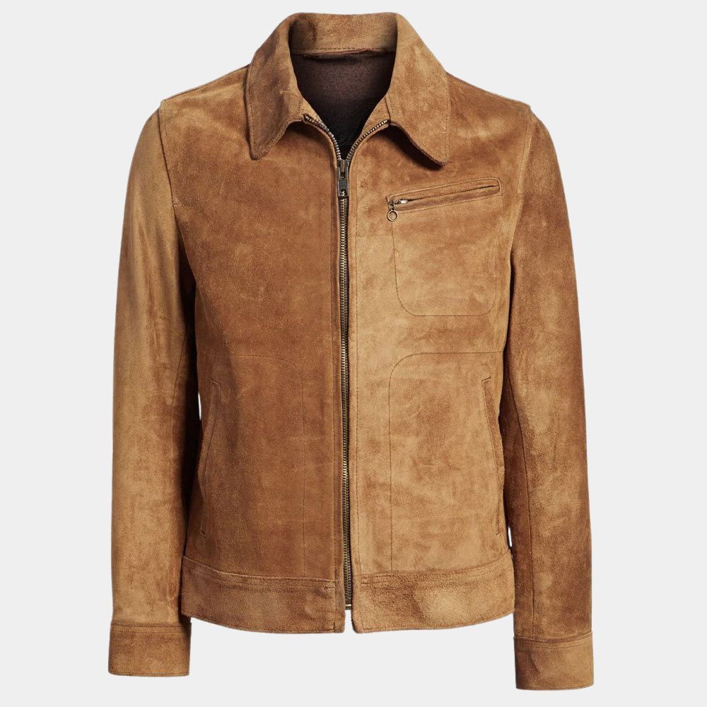It Ends with Us Atlas Corrigan Brown Suede Leather Jacket - Mannequin Front View