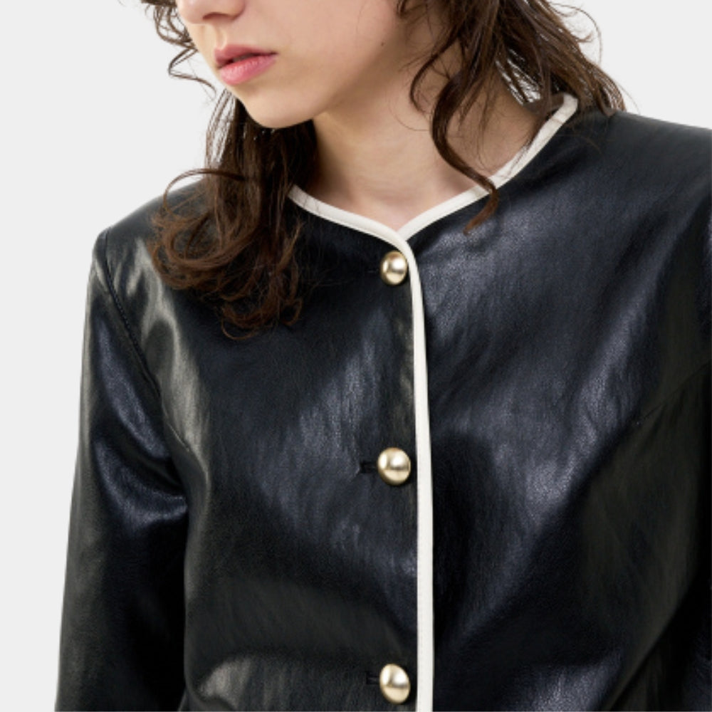 JIANNA Classic Round Neck Black Cropped Leather Jacket - Front Close - Up View