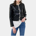 JIANNA Classic Round Neck Black Cropped Leather Jacket - Front View
