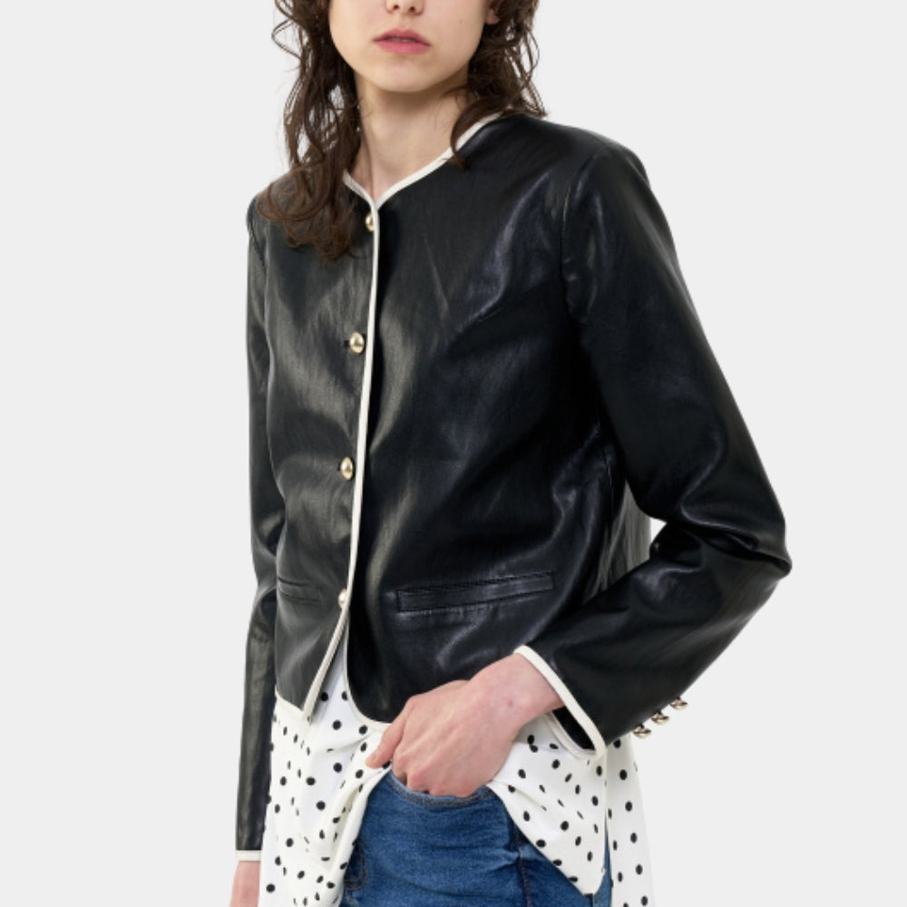 JIANNA Classic Round Neck Black Cropped Leather Jacket - Side View