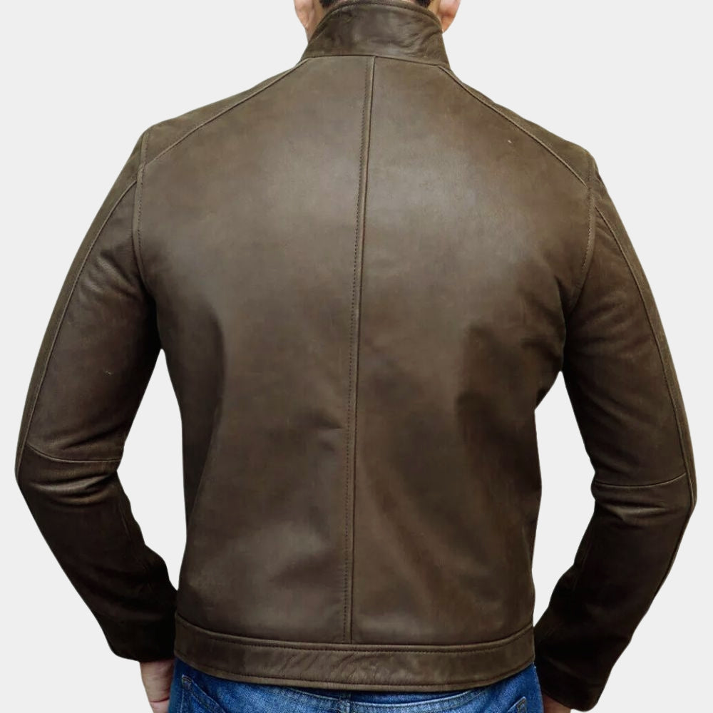 Jason Bourne Matt Damon Brown Leather Jacket - Back View