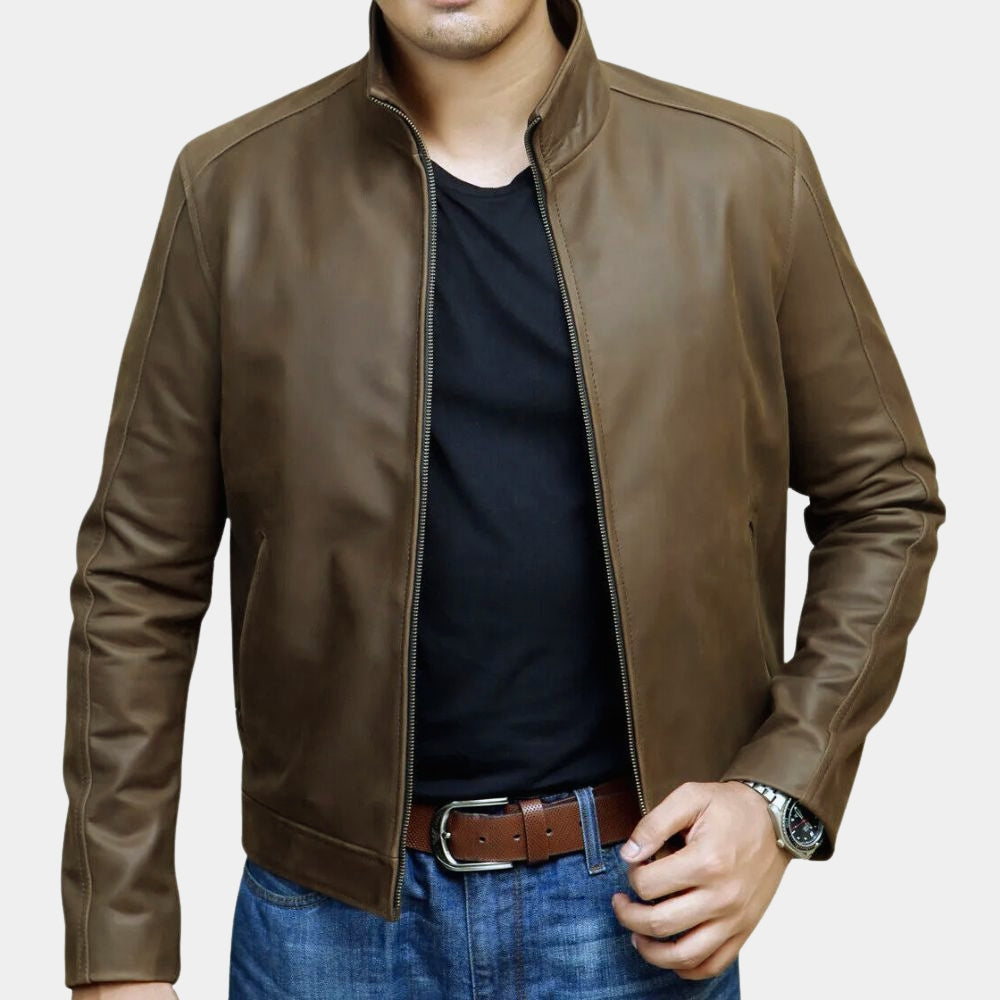Jason Bourne Matt Damon Brown Leather Jacket - Front View