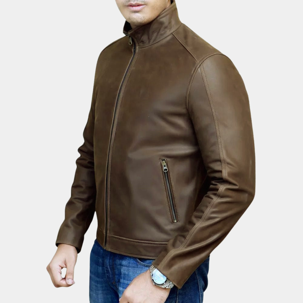 Jason Bourne Matt Damon Brown Leather Jacket - Side Posture View