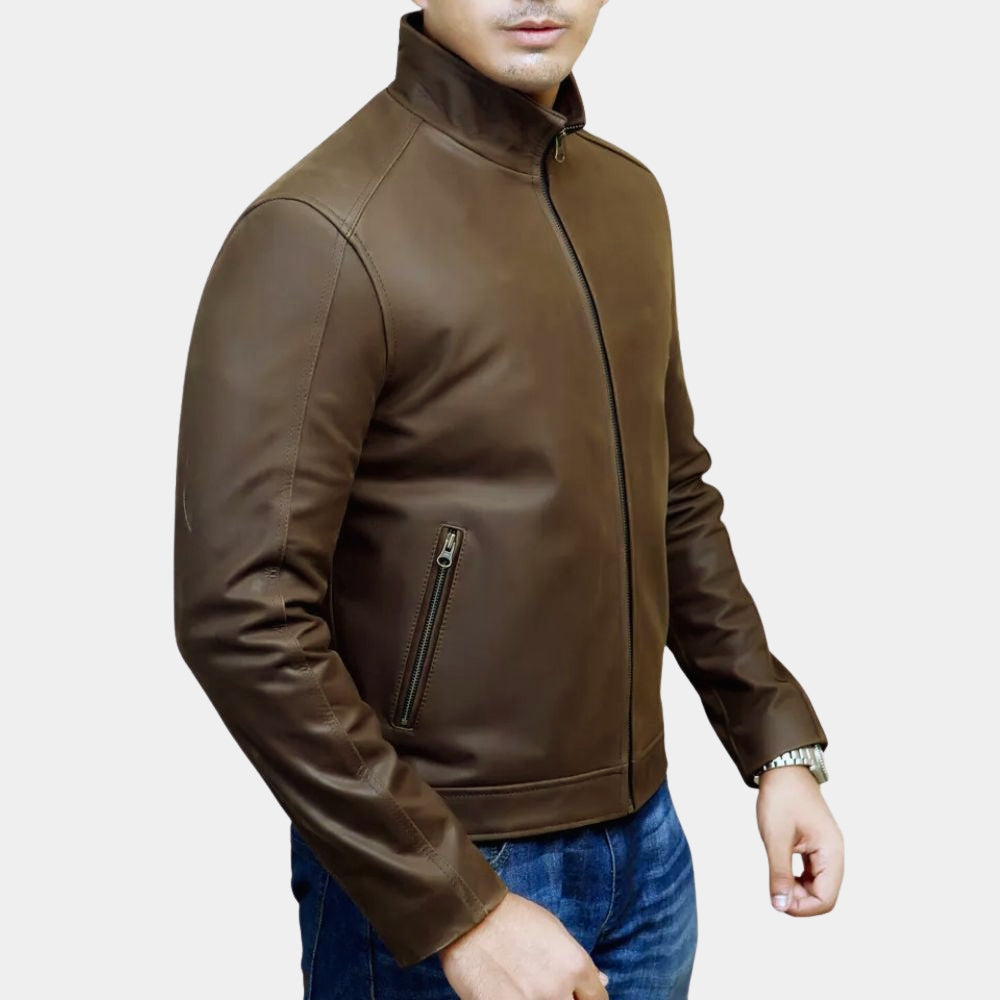 Jason Bourne Matt Damon Brown Leather Jacket - Side View