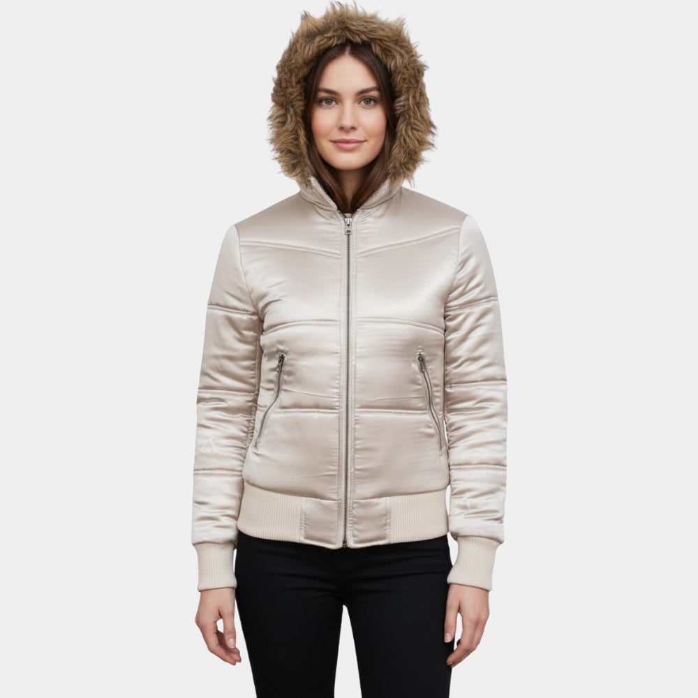 Jennifer’s Body  Megan Fox White Golden Puffer Jacket with Hood - Front View