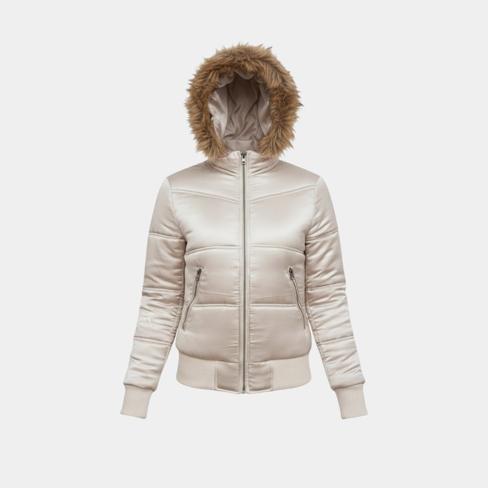 Jennifer’s Body  Megan Fox White Golden Puffer Jacket with Hood - Mannequin Front View