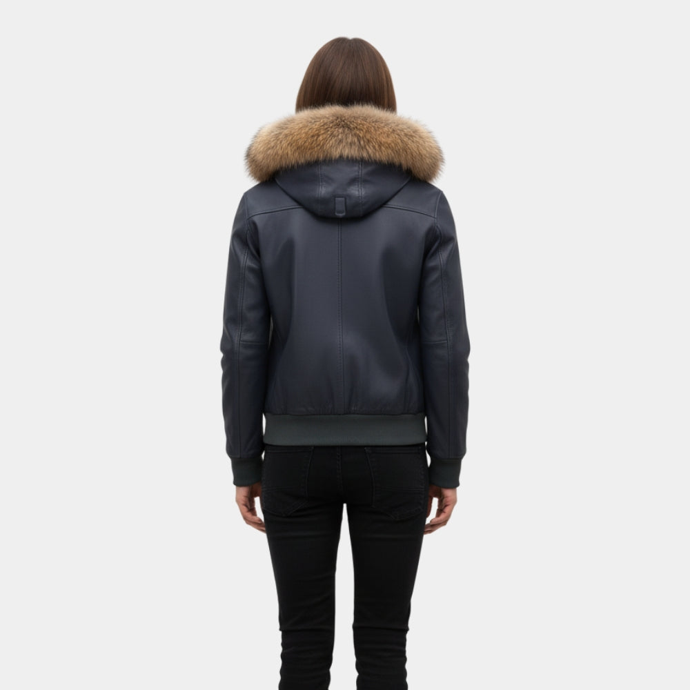 Jessica Riley  Until Dawn Game Fur Collar Blue Hooded Bomber Leather Jacket - Back View
