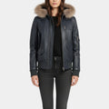Jessica Riley  Until Dawn Game Fur Collar Blue Hooded Bomber Leather Jacket - Front View