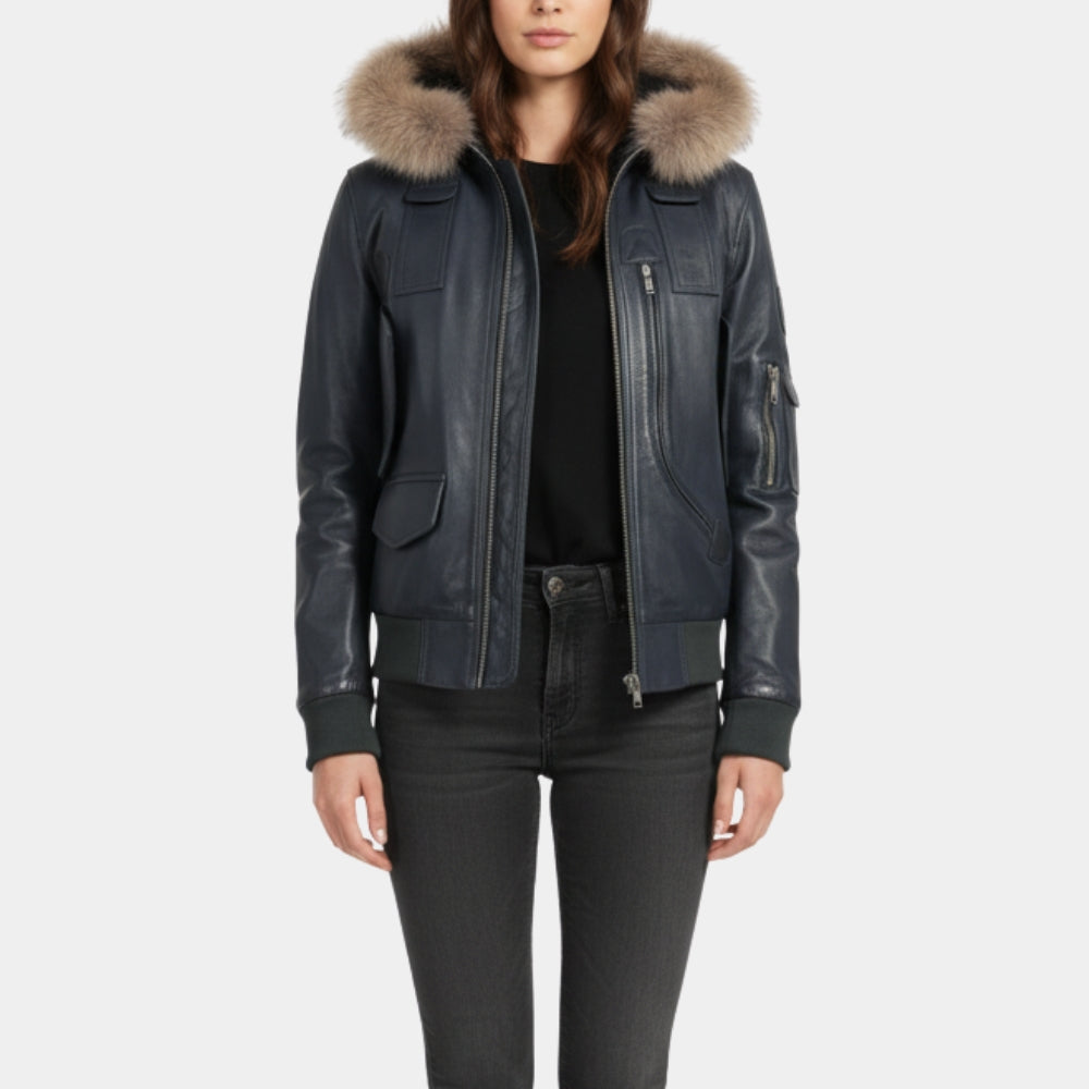 Jessica Riley  Until Dawn Game Fur Collar Blue Hooded Bomber Leather Jacket - Front View