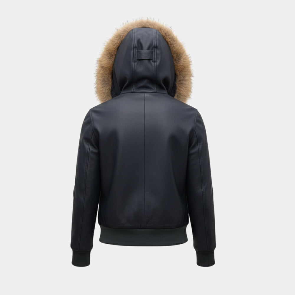 Jessica Riley  Until Dawn Game Fur Collar Blue Hooded Bomber Leather Jacket - Mannequin Back View