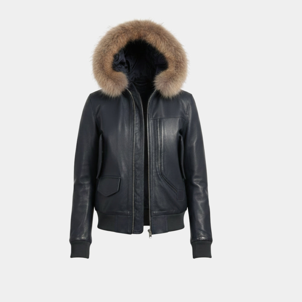 Jessica Riley  Until Dawn Game Fur Collar Blue Hooded Bomber Leather Jacket - Mannequin Front View