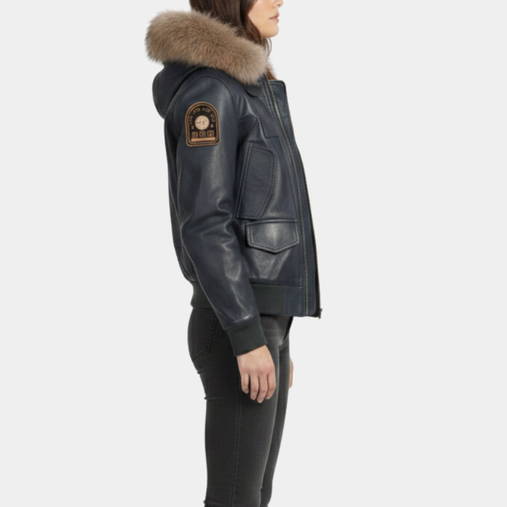Jessica Riley  Until Dawn Game Fur Collar Blue Hooded Bomber Leather Jacket - Side View