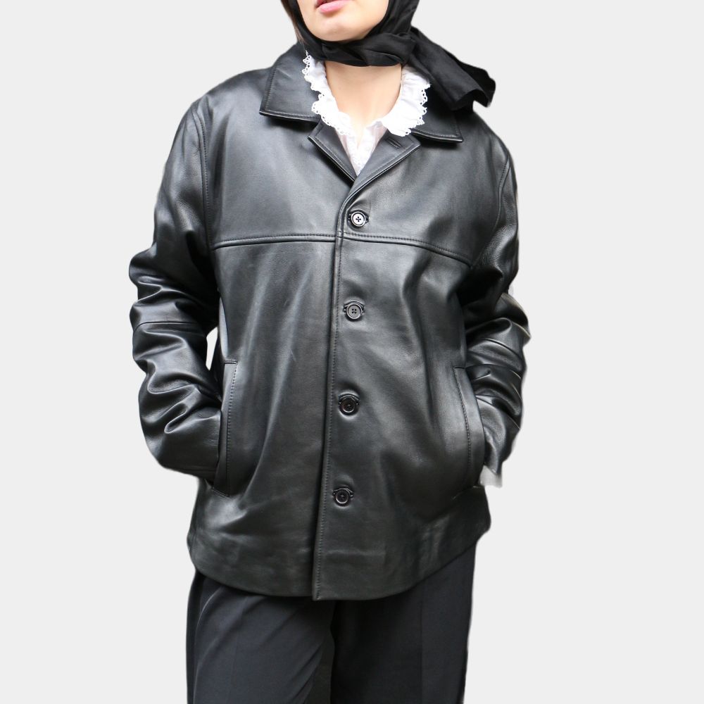Joana Black Leather Car Coat - Front View