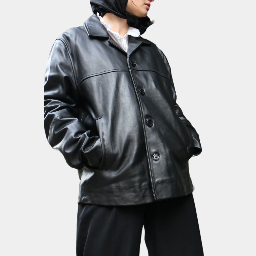 Joana Black Leather Car Coat - Side Posture View