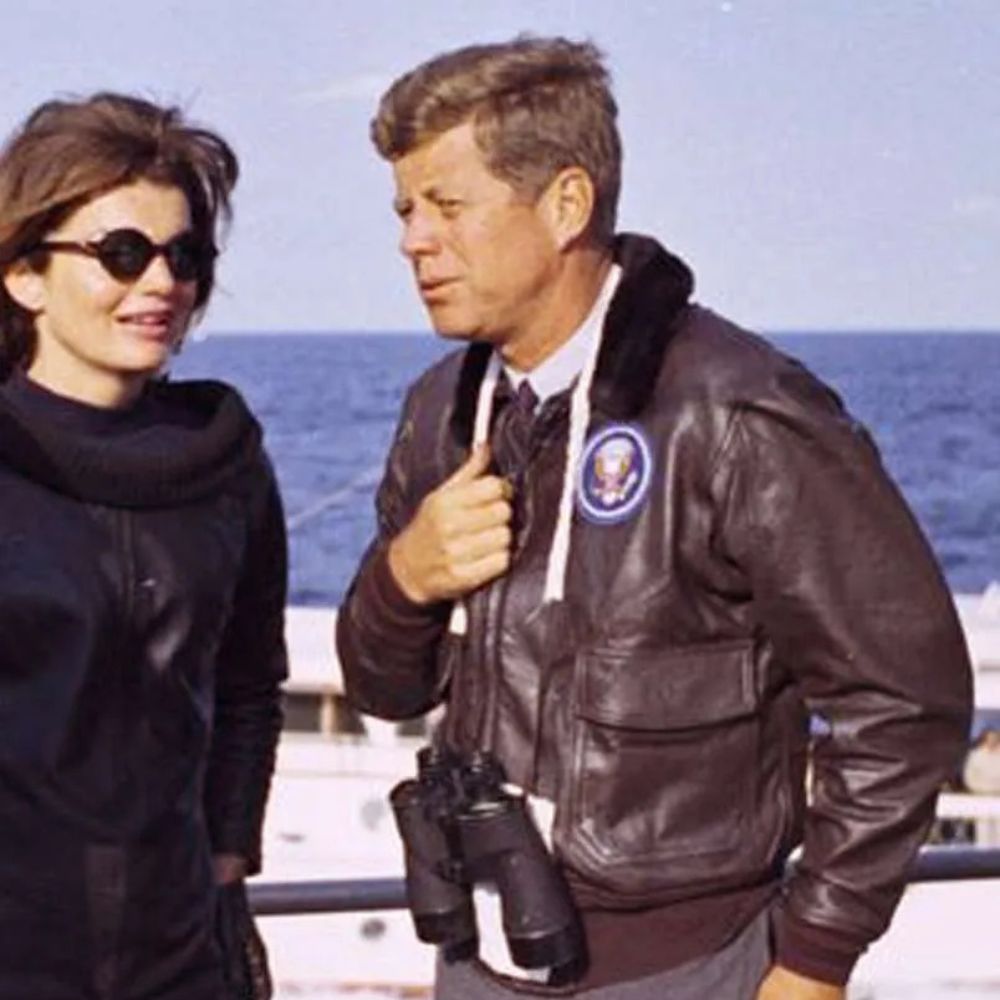 John F. Kennedy U.S Navy G-1 Brown Leather Flight Bomber jacket - Character Side Posture View