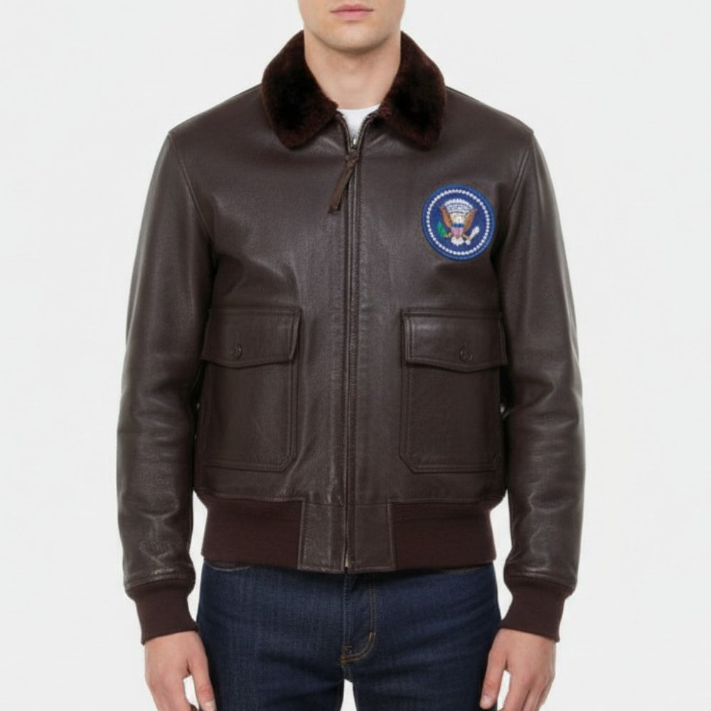 John F. Kennedy U.S Navy G-1 Brown Leather Flight Bomber jacket - Front View