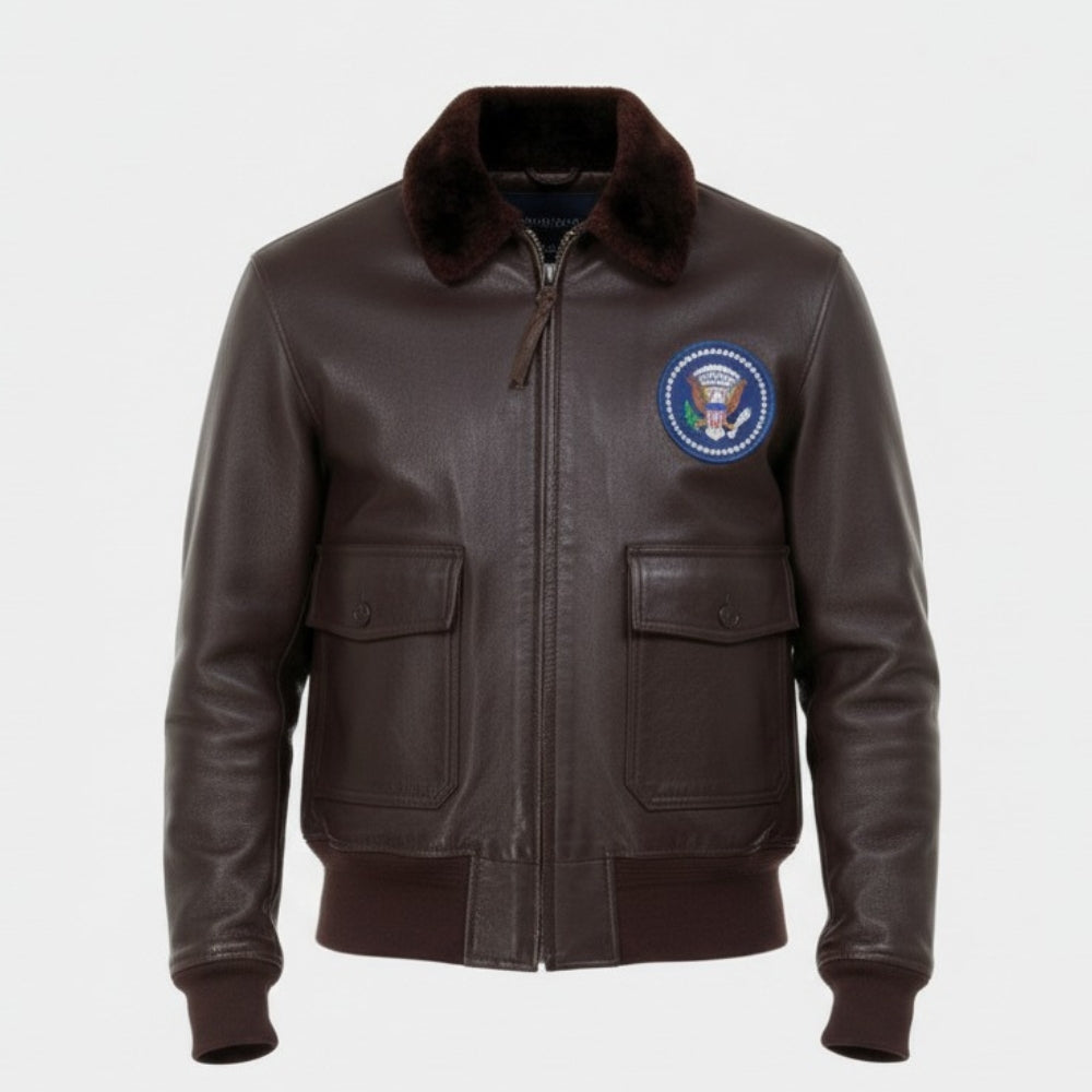 John F. Kennedy U.S Navy G-1 Brown Leather Flight Bomber jacket - Mannequin Front View