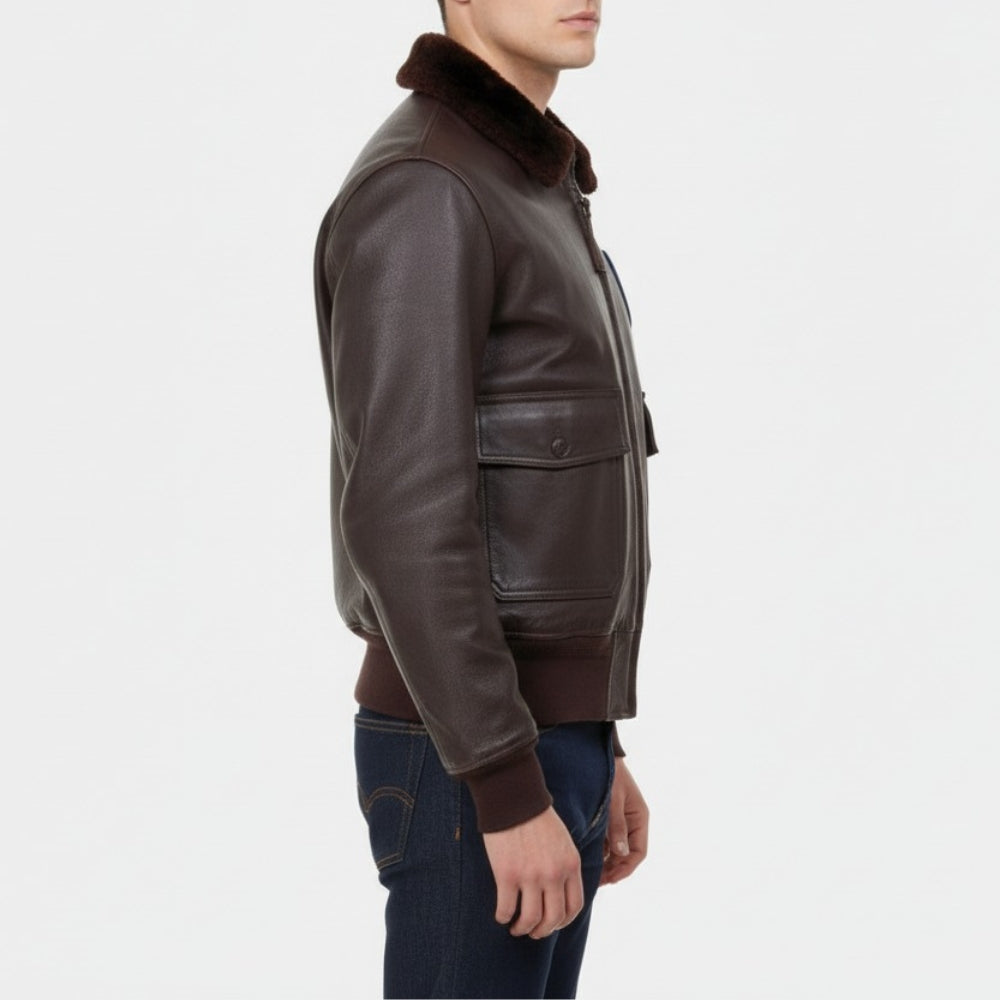 John F. Kennedy U.S Navy G-1 Brown Leather Flight Bomber jacket - Side View