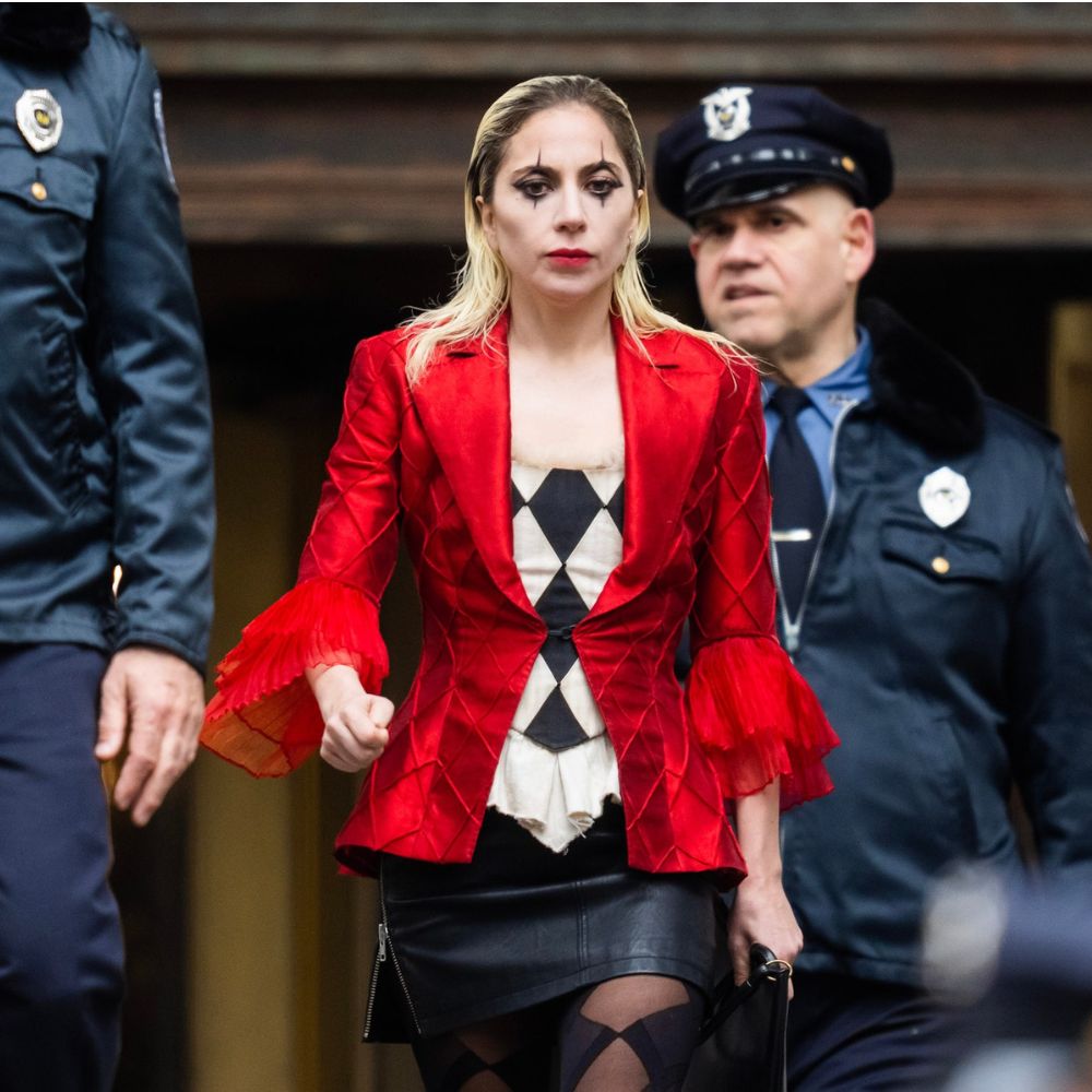 Joker Lady Gaga Folie à Deux Red Satin Blazer with Tulle Sleeves - Front View