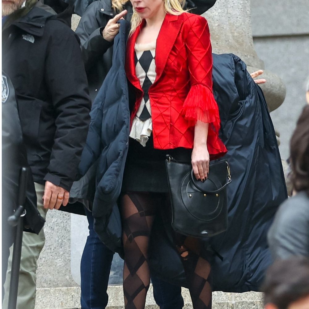 Joker Lady Gaga Folie à Deux Red Satin Blazer with Tulle Sleeves - Side Posture View