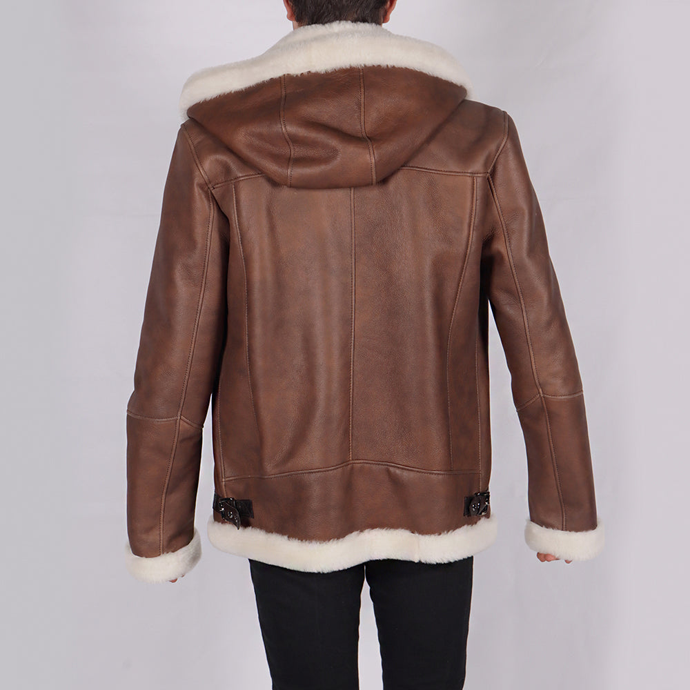 Junio Hooded Brown Shearling Leather Jacket - Back View