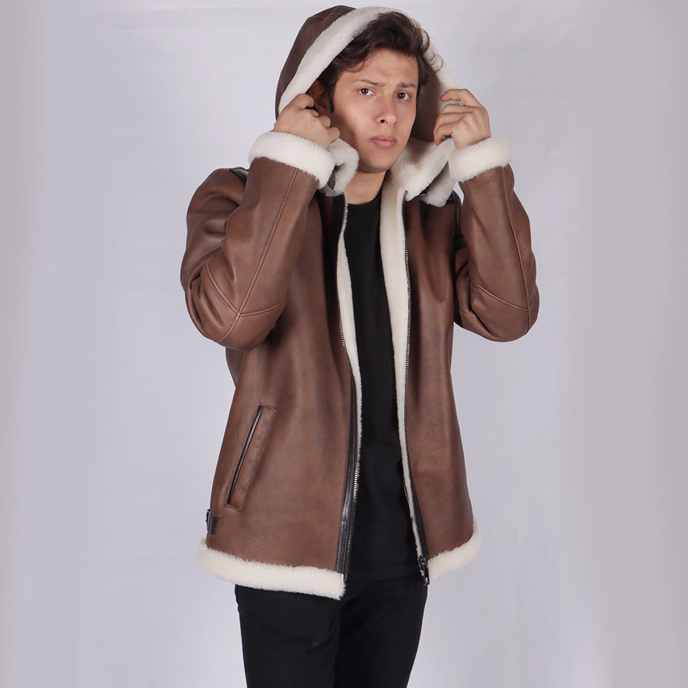 Junio Hooded Brown Shearling Leather Jacket - Front View