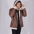 Junio Hooded Brown Shearling Leather Jacket - Front View