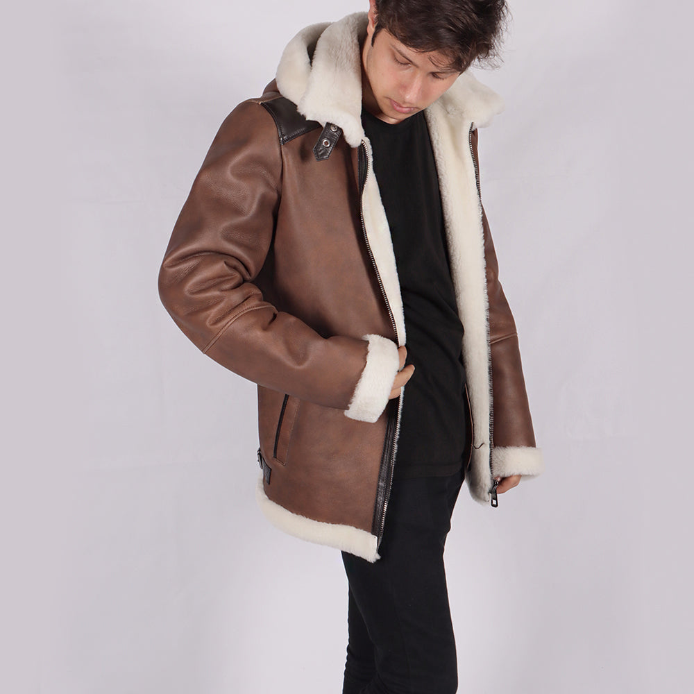 Junio Hooded Brown Shearling Leather Jacket - Side Posture View