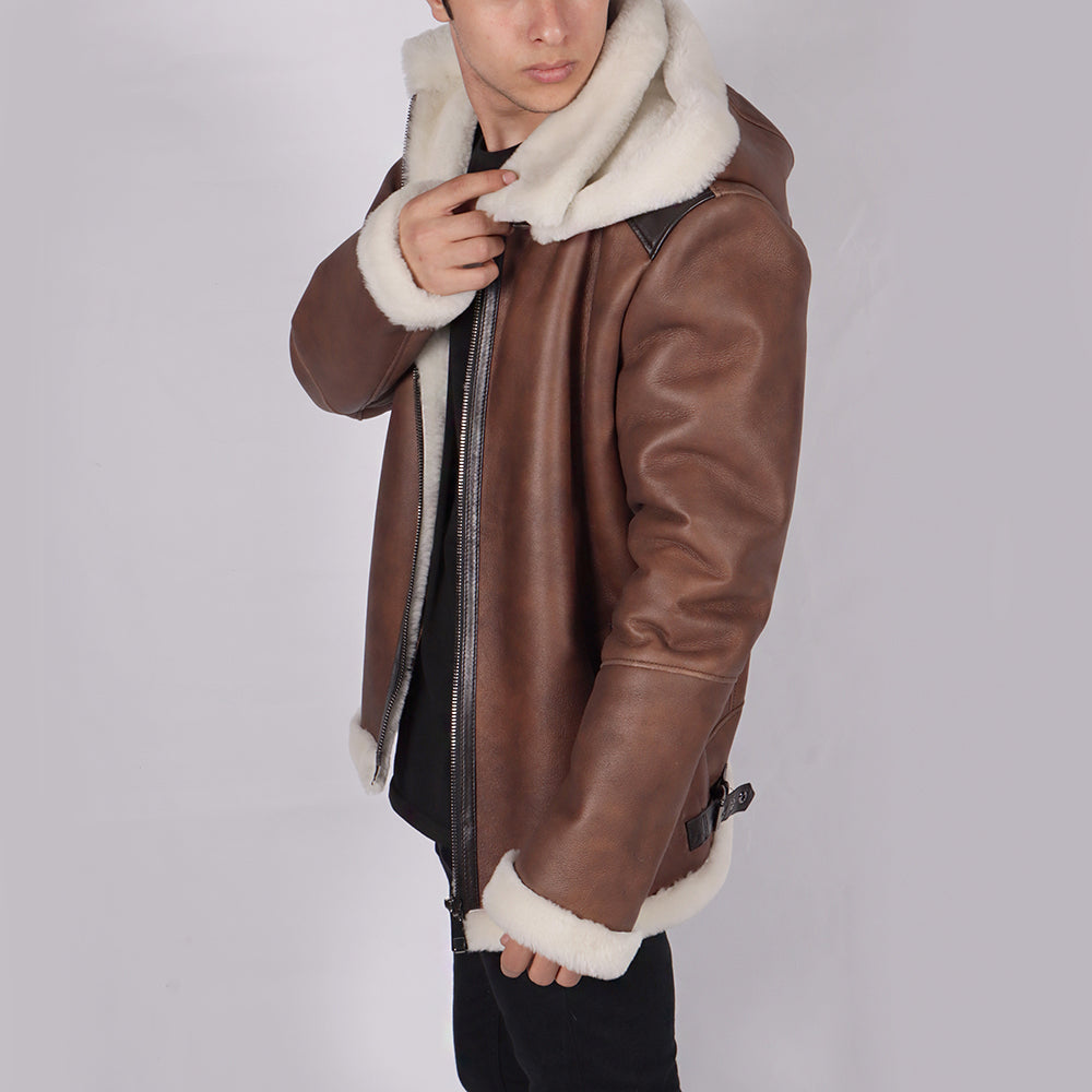 Junio Hooded Brown Shearling Leather Jacket - Side View