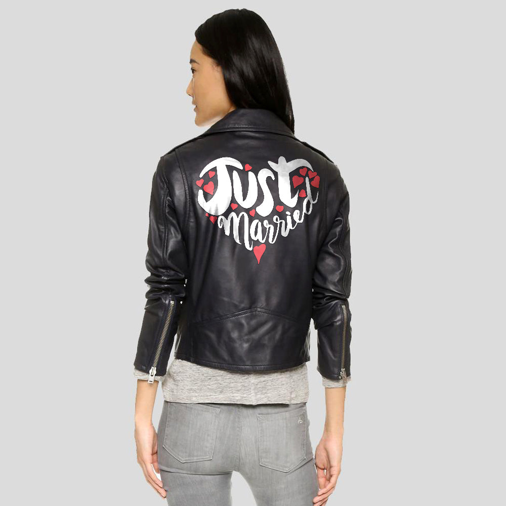 Just Married Printed Leather Biker Leather Jacket - Back View