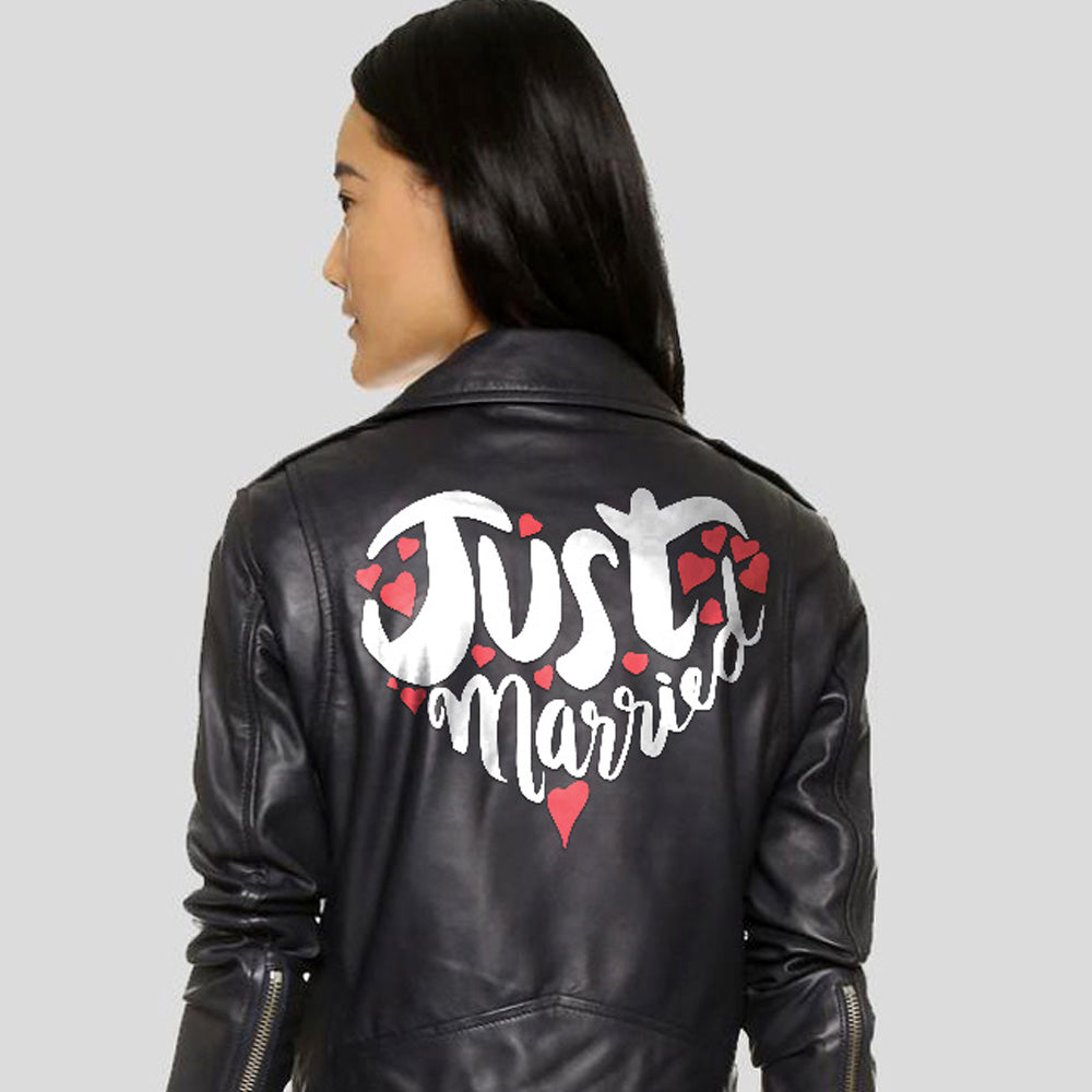 Just Married Printed Leather Biker Leather Jacket - Close - Up Back View