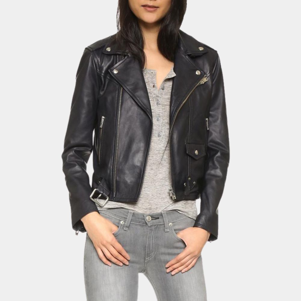Just Married Printed Leather Biker Leather Jacket - Posture Front View